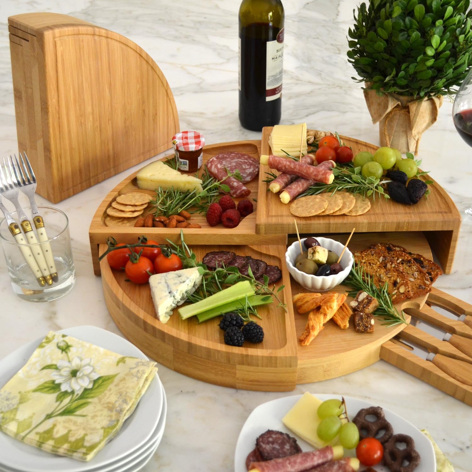 Picnic at Ascot Personalized Swiveling Bamboo Charcuterie Cheese Board with Utensils - US Designed & Quality Assured