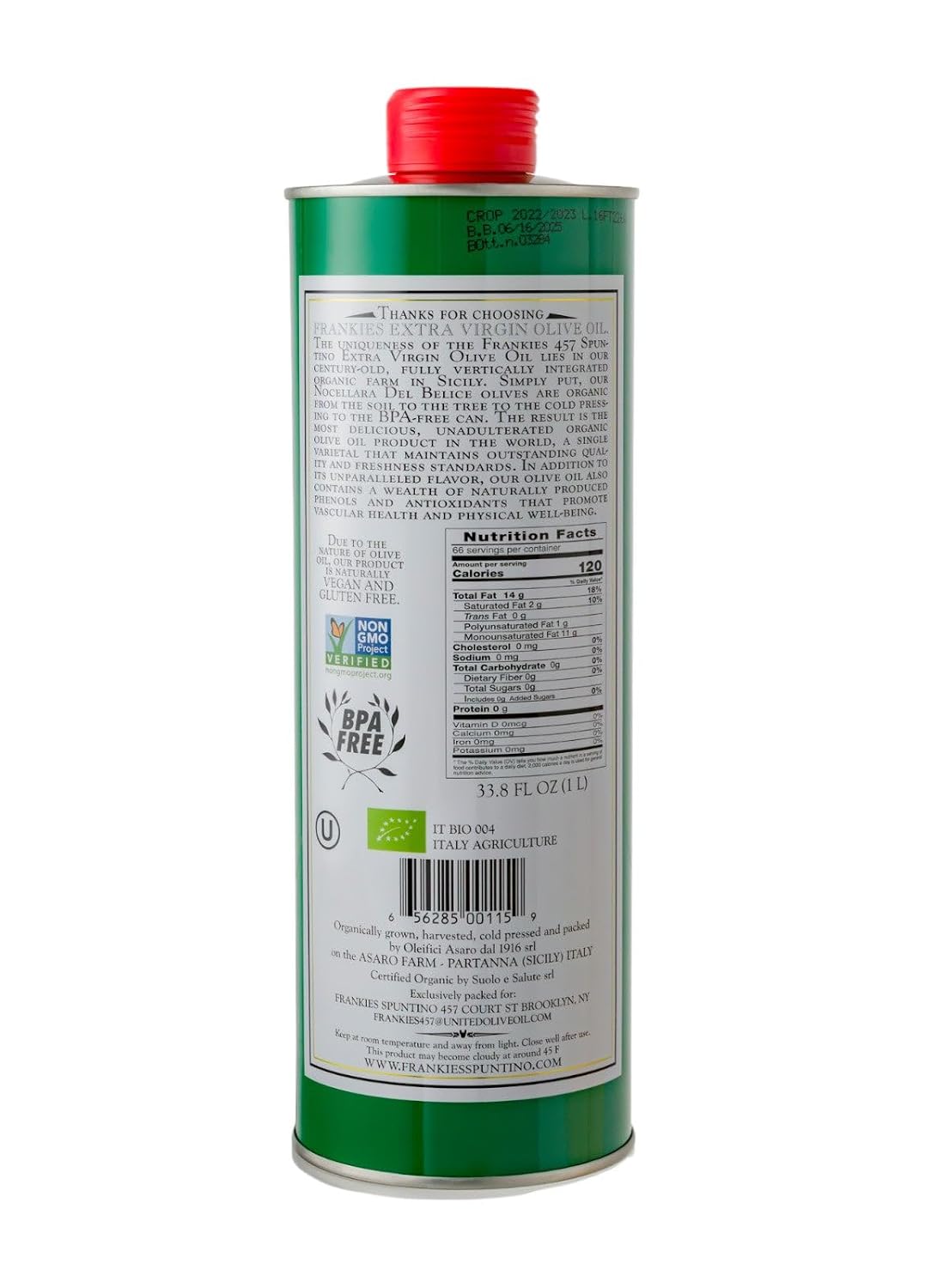 Frankies 457 Organic Extra Virgin Olive Oil - Premium 100% Castelvetrano Olive Oil-High Polyphenol-First Cold Pressed-Early Harvest in Sicily-Award Winning Italian EVOO -Monovarietal- 33.8 fl oz (1L) Olive 33.8 fl oz