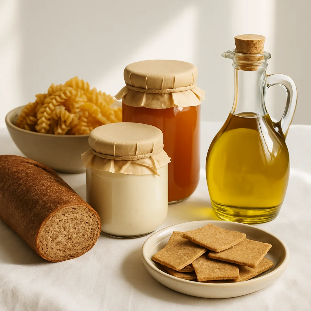 A sun-lit wooden counter holding a small bowl of flaky finishing salt, a bottle of golden single-varietal olive oil, a dark-chocolate bar broken into shards, and a cloth-wrapped wedge of aged cheese